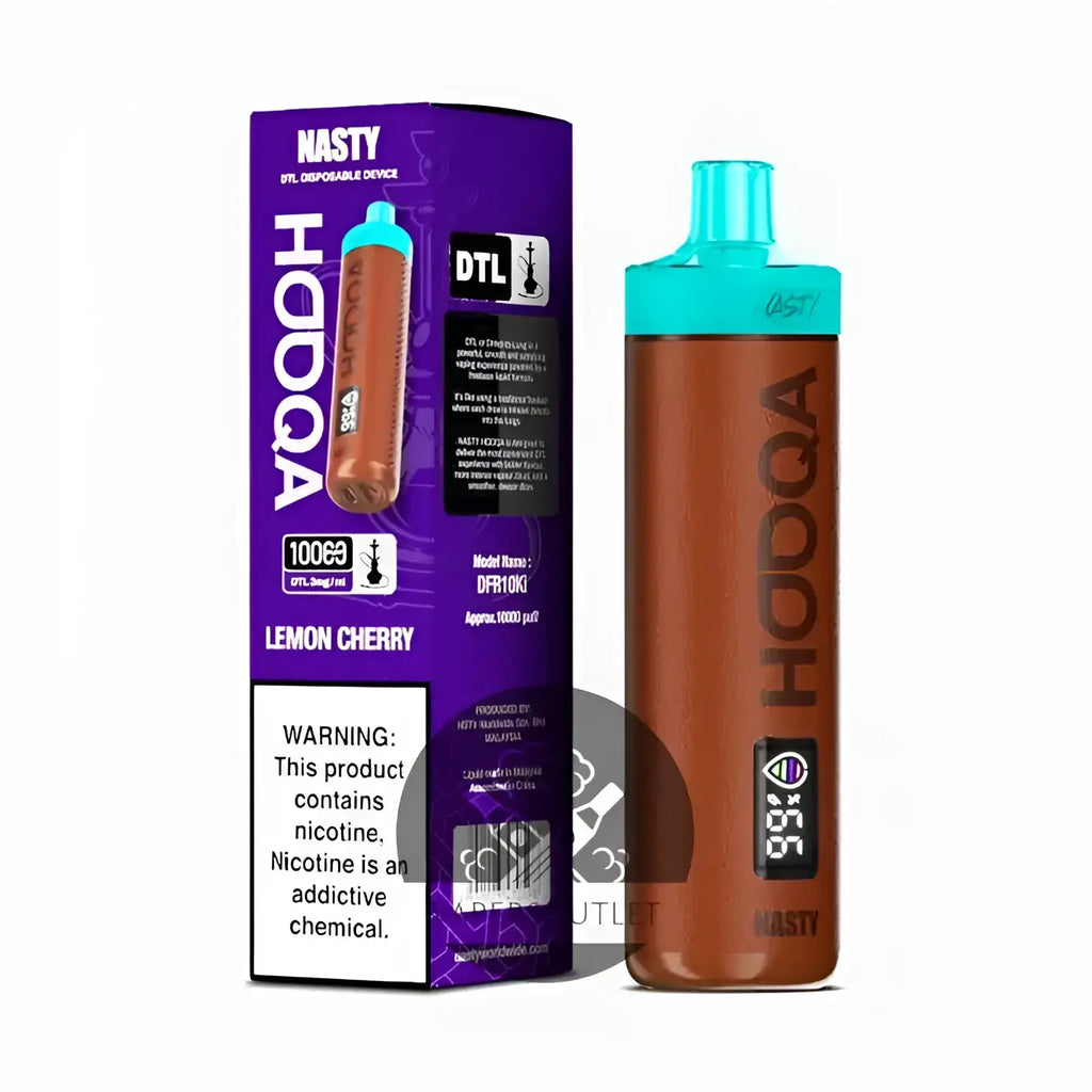 Brown and teal nasty hooqa rechargeable disposable vape pen with digital display showing 95 percent battery level