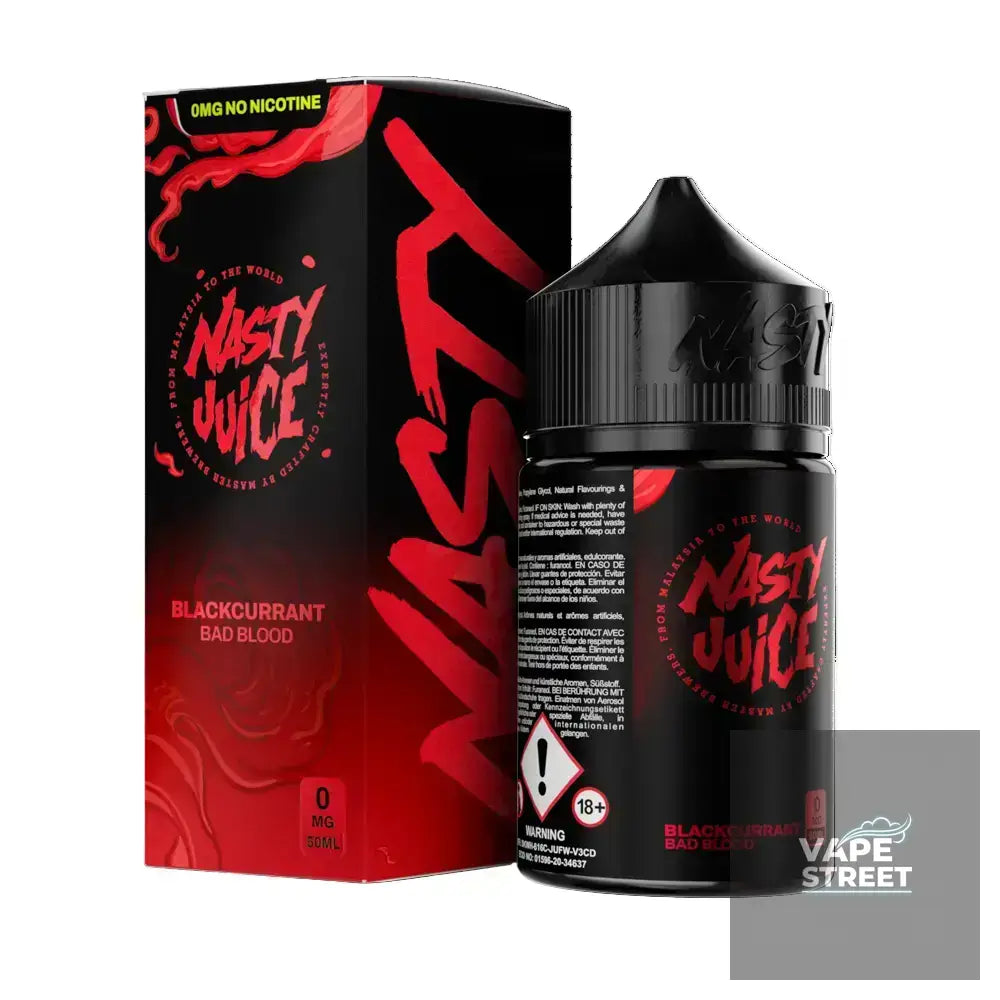 IVG Nasty Bad Blood Blackcurrant Mint Freebase E-Liquid for vapes, featuring blackcurrant and mint flavor in 3mg/6mg nicotine strength
