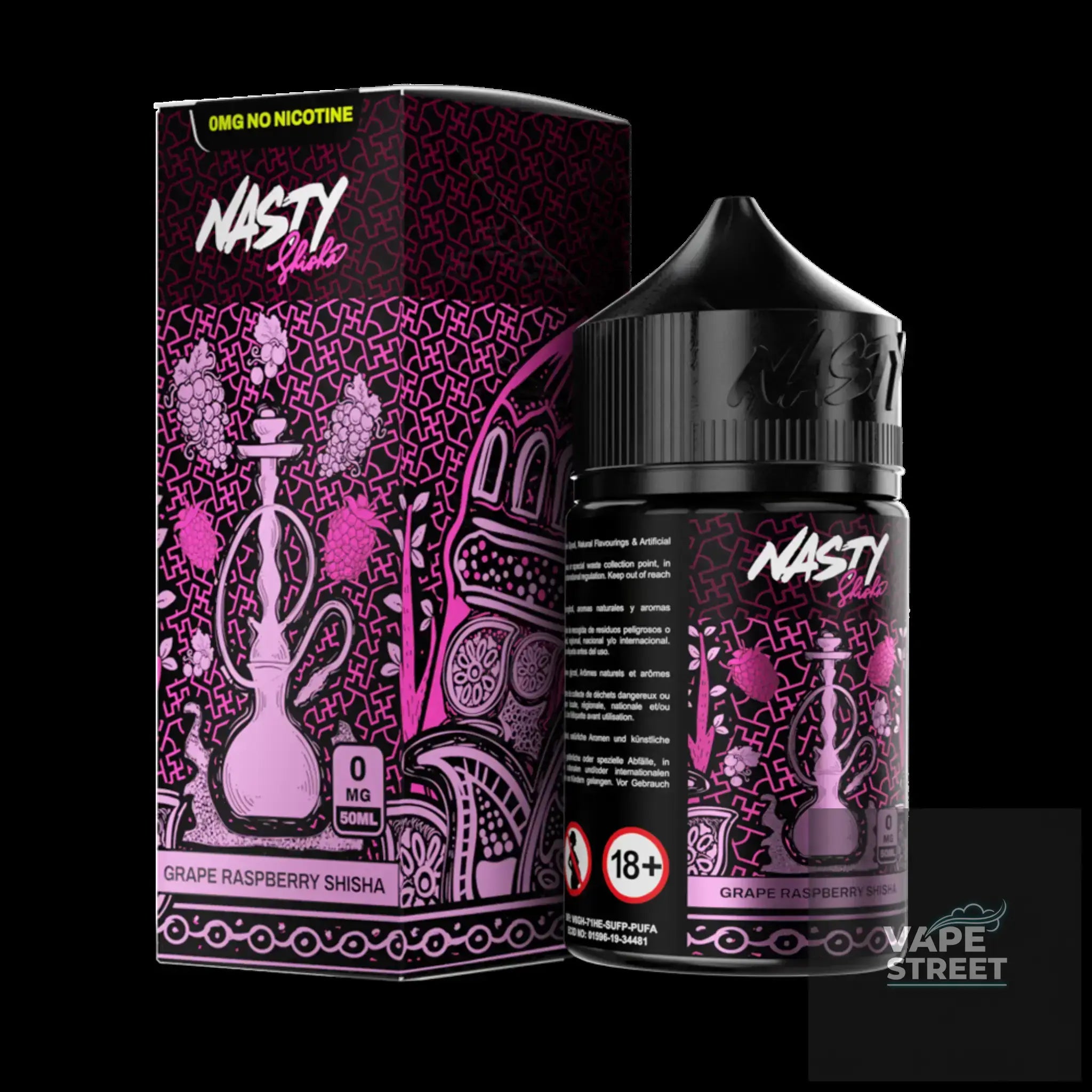 IVG Nasty Shisha Grape Raspberry Freebase E-Liquid 3mg/6mg for vaping, shown in a bottle with label details.