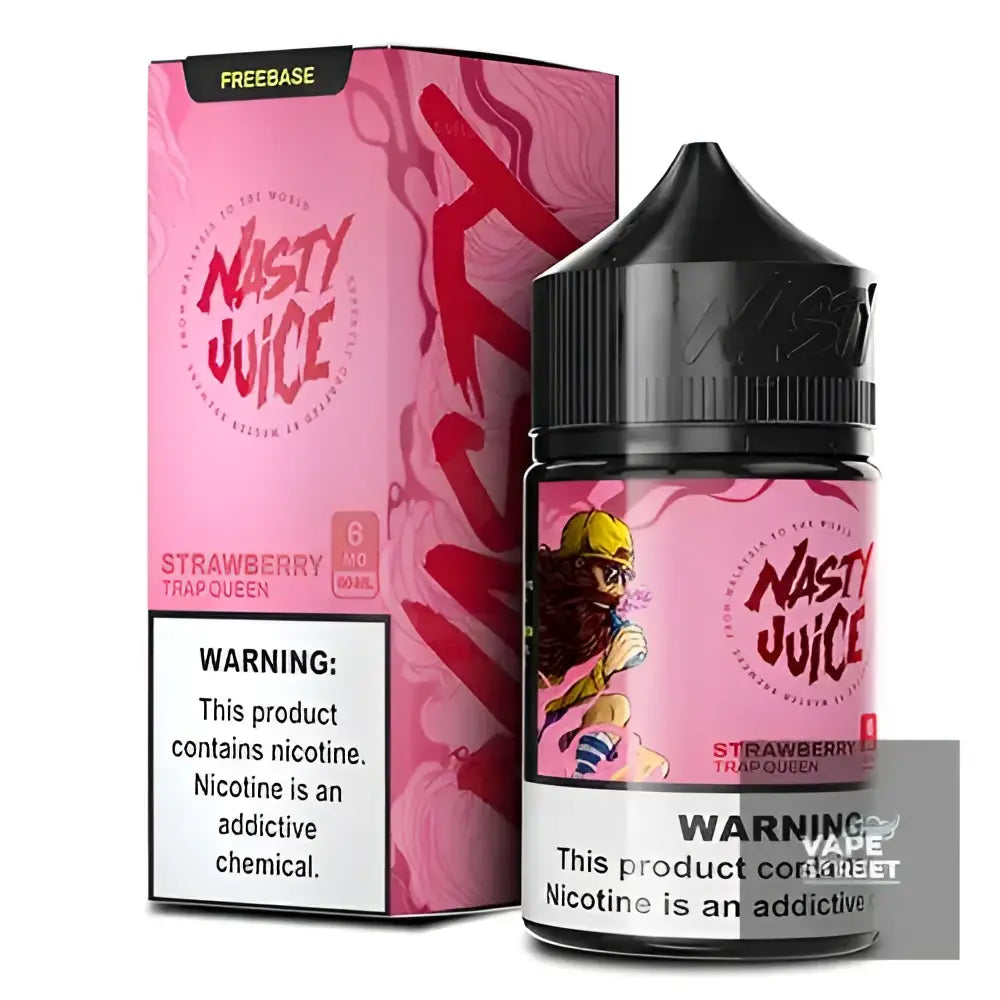 IVG Nasty Trap Queen Strawberry Freebase E-Liquid vape juice in 3mg and 6mg, featuring fresh strawberry flavor.