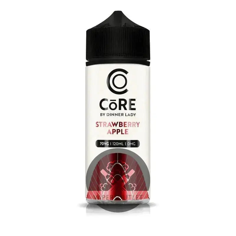 A sleek white bottle with black cap of core by dinner lady strawberry apple vape juice for sale in India