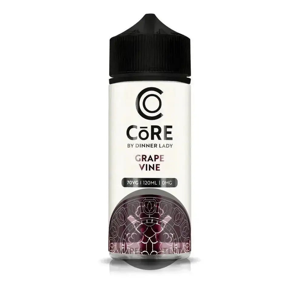 A sleek white bottle of core by dinner lady grape vine 120ml freebase vape juice with a black cap