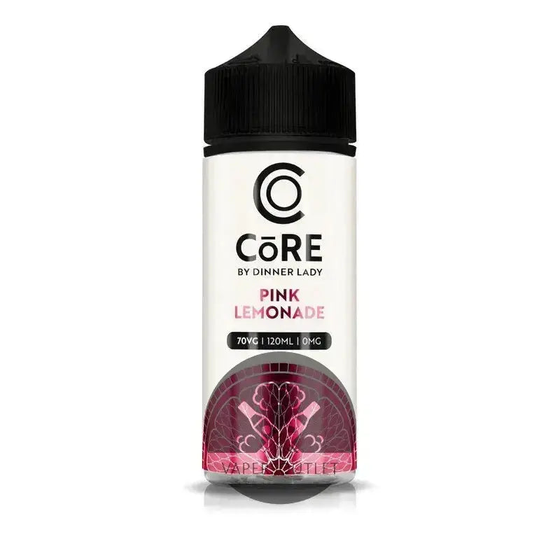 A sleek white vape juice bottle by dinner lady featuring pink lemonade flavor with black cap and floral design