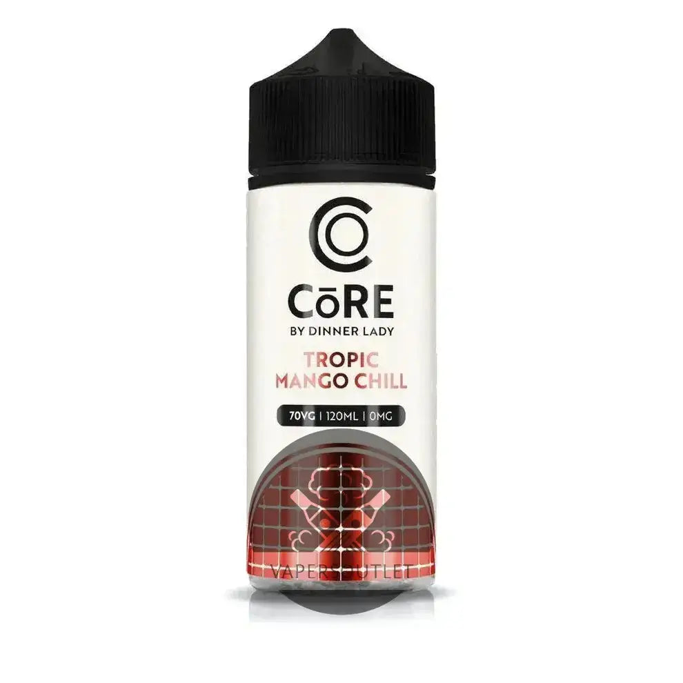 A sleek white 120ml bottle of core by dinner lady tropic mango chill freebase e-liquid with a black cap