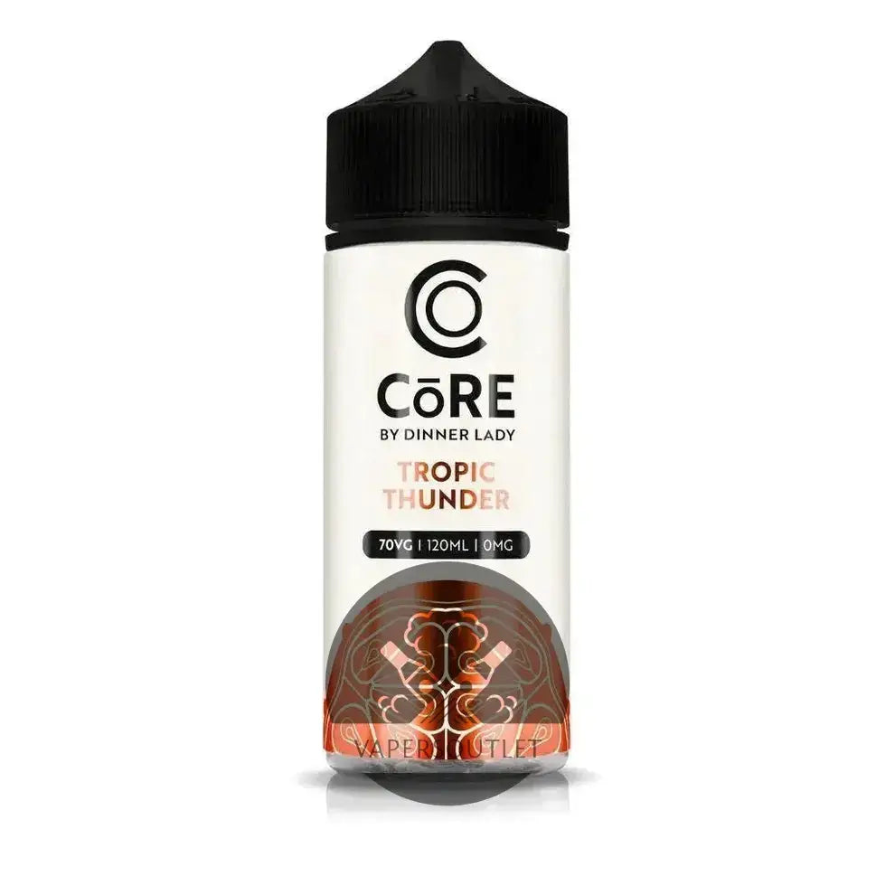 A sleek white bottle with black cap of core by dinner lady tropic thunder 120ml freebase e-liquid vape juice