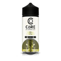 A sleek white bottle with black cap of core by dinner lady vanilla custard vape juice 120ml freebase e-liquid