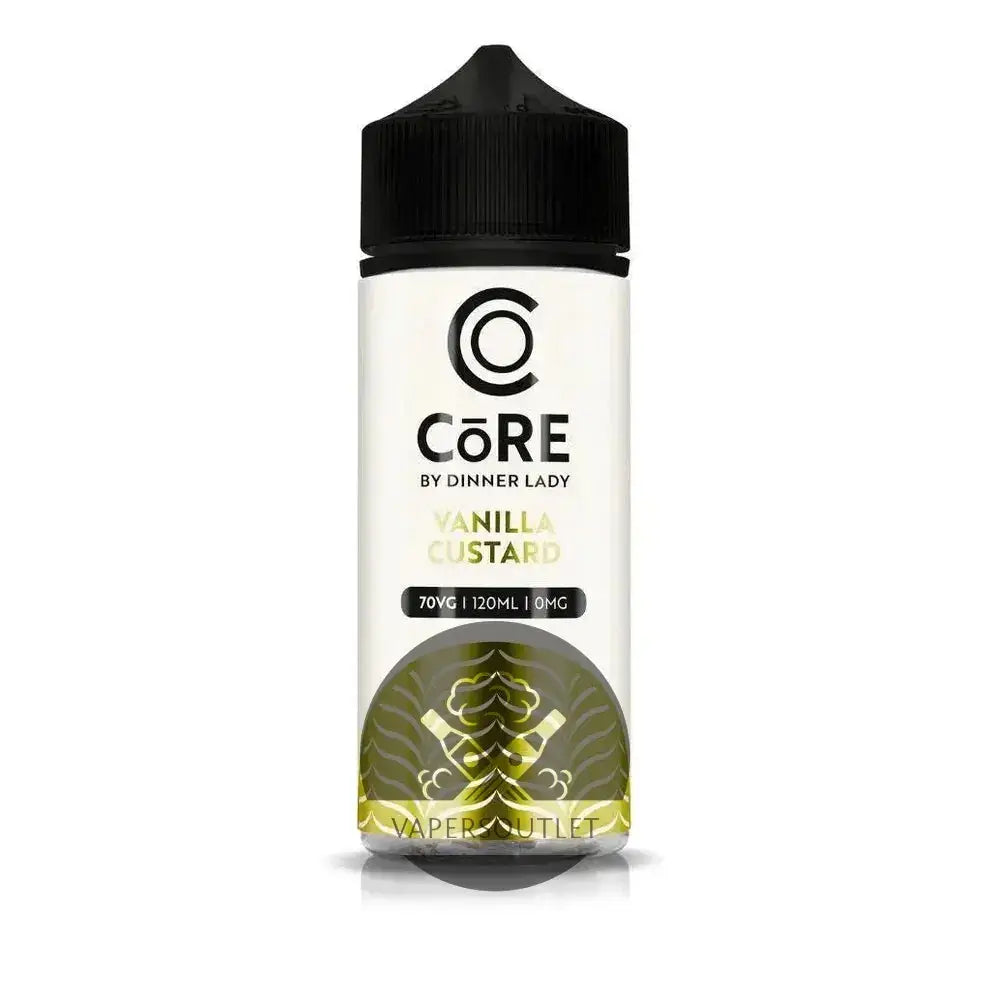 A sleek white bottle with black cap of core by dinner lady vanilla custard vape juice 120ml freebase e-liquid