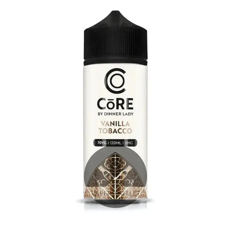 A sleek white bottle with black cap of core by dinner lady vanilla tobacco 120ml freebase e-liquid vape juice