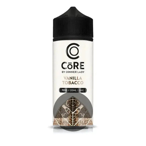 IVG Core Dinner Lady Vanilla Tobacco 120ML freebase e-liquid for vaping, available in 3MG and 6MG nicotine strength.