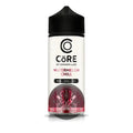 A sleek white bottle with black cap labeled core by dinner lady watermelon chill 120ml vape juice in 3mg and 6mg strengths