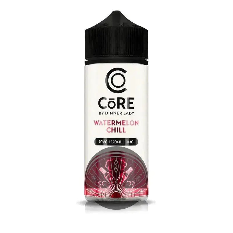 A sleek white bottle with black cap labeled core by dinner lady watermelon chill 120ml vape juice in 3mg and 6mg strengths