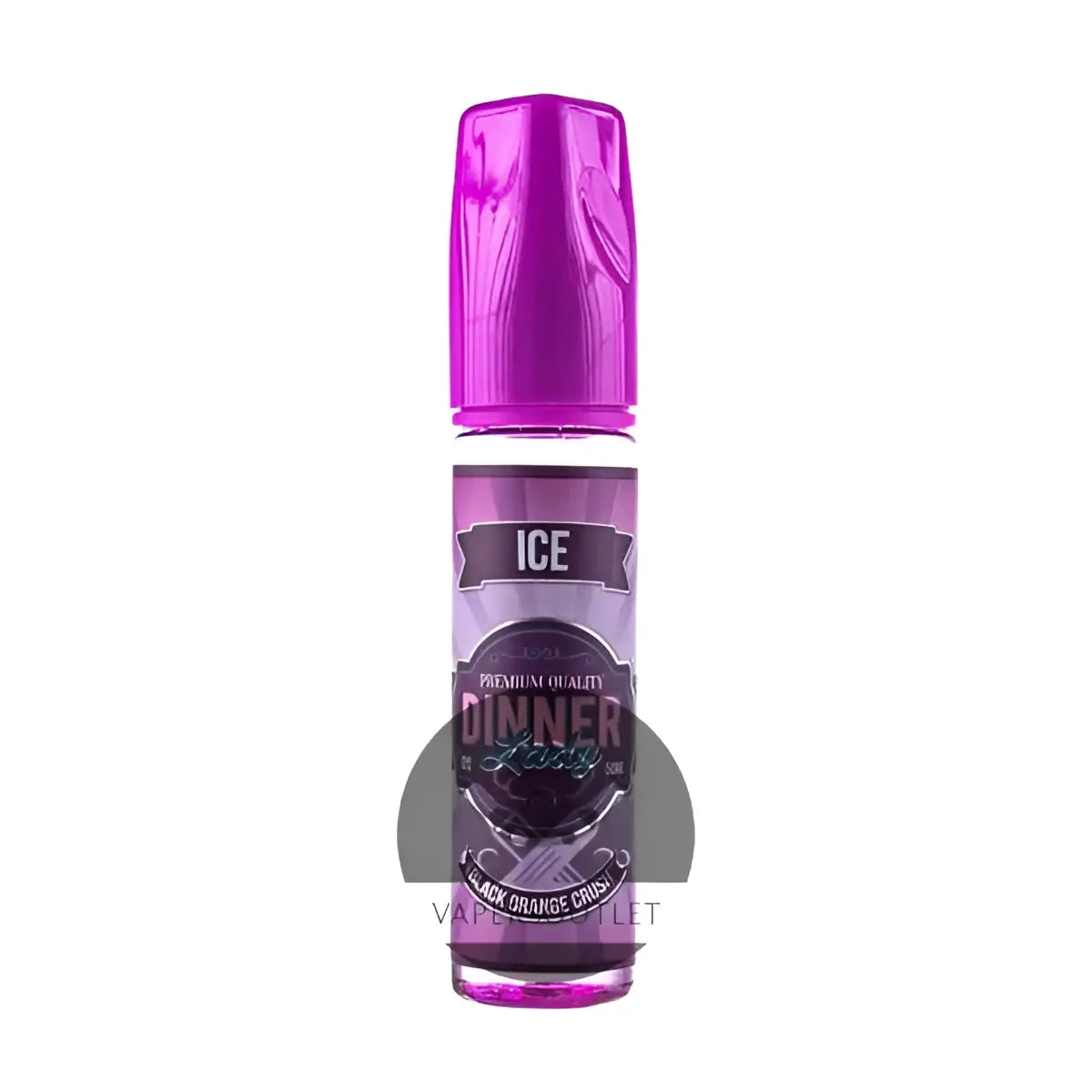 Purple glass bottle with matching cap labeled dinner party black orange crush black orange vape juice shortfill