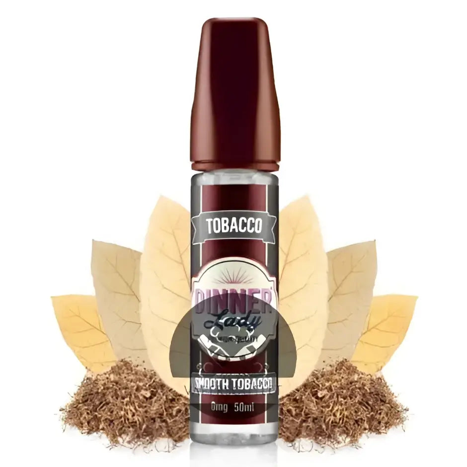 A sleek transparent 50ml dinner lady smooth tobacco e-liquid bottle with dark brown cap and elegant label for vaping