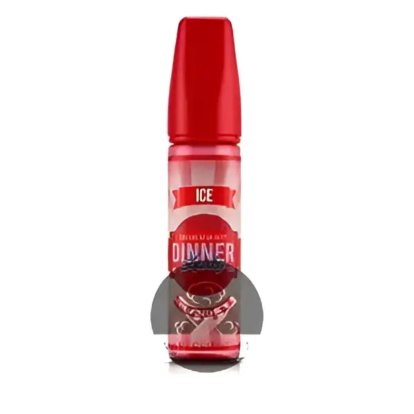 Red plastic bottle with red cap labeled ice and dinner for dinner lady strawberry bikini 60ml e-liquid vape juice