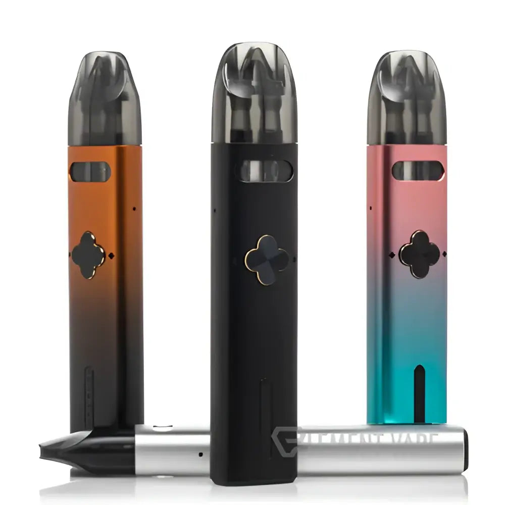 Three sleek uwell caliburn explorer 32w pod system vape pens in gradient orange black, solid black, and pink blue finishes