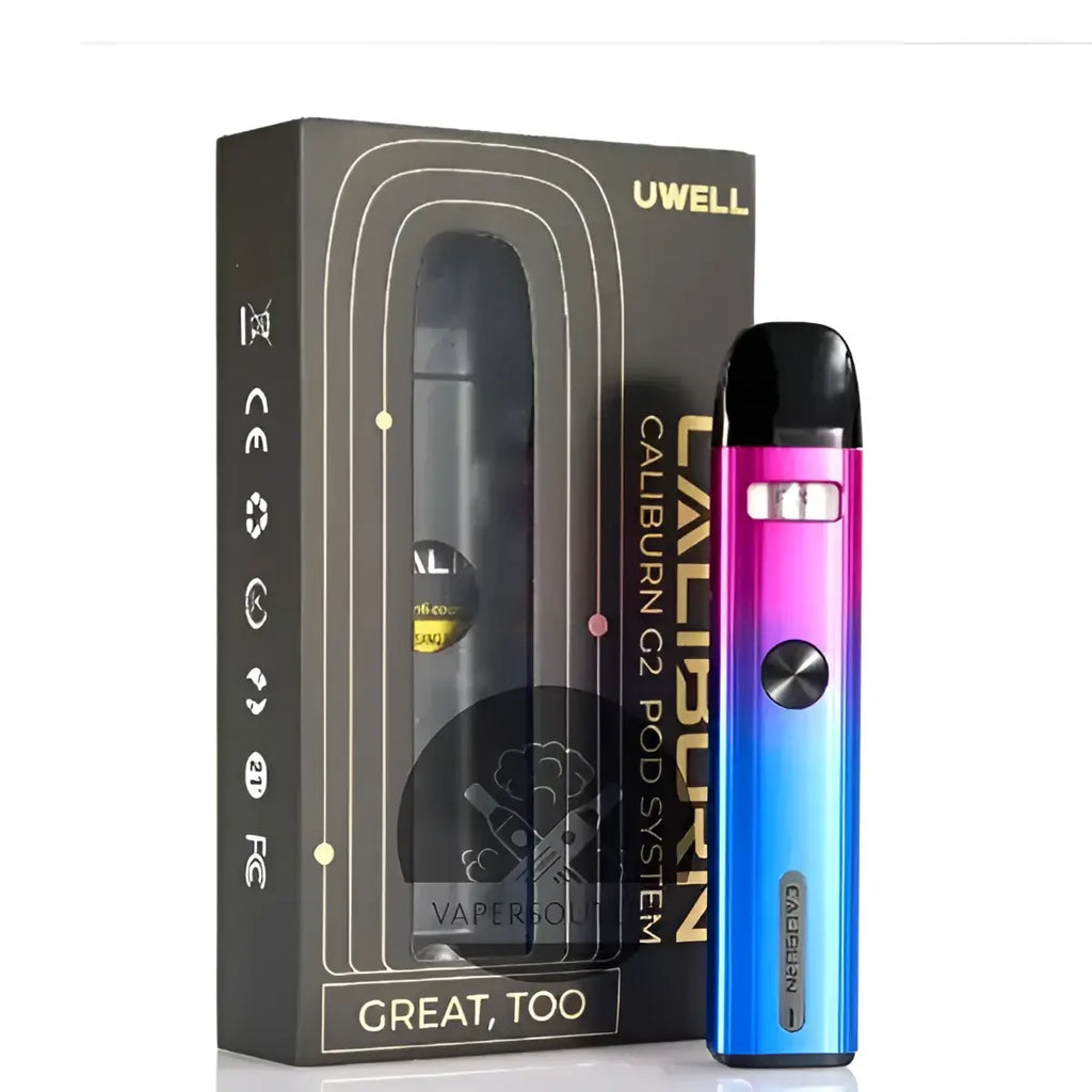 Uwell caliburn g2 18w pod system kit with sleek pink to blue gradient finish and dual firing black mouthpiece for mtl vaping