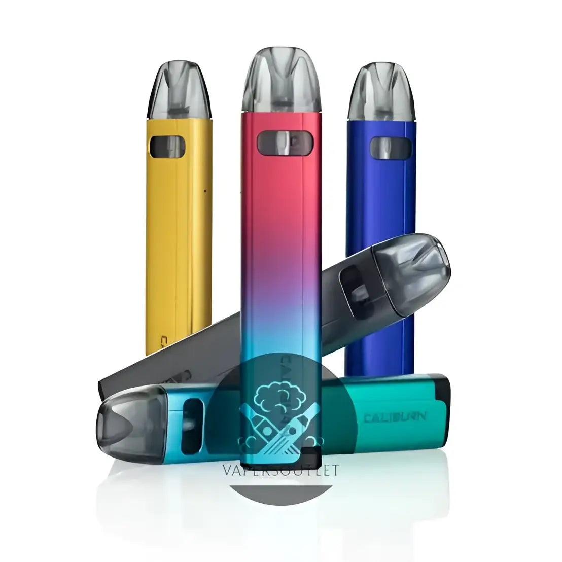 Three colorful uwell caliburn a2s vape pens with gradient finishes and transparent mouthpieces in a teal flicker pod kit