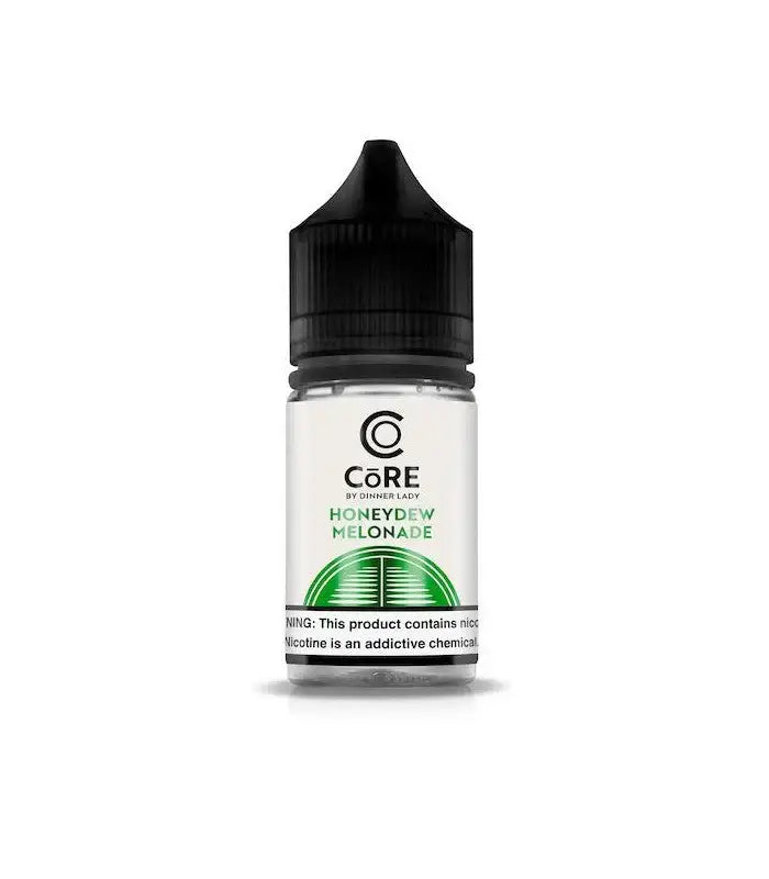Clear glass bottle with black cap labeled core salt by dinner lady honeydew melonade nicotine salt vape liquid