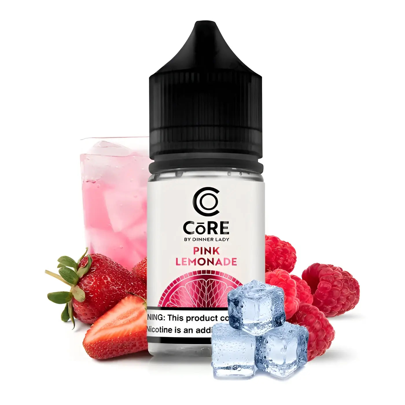 Clear glass bottle with black cap and white label of core salt by Dinner Lady pink lemonade e-liquid 30ml