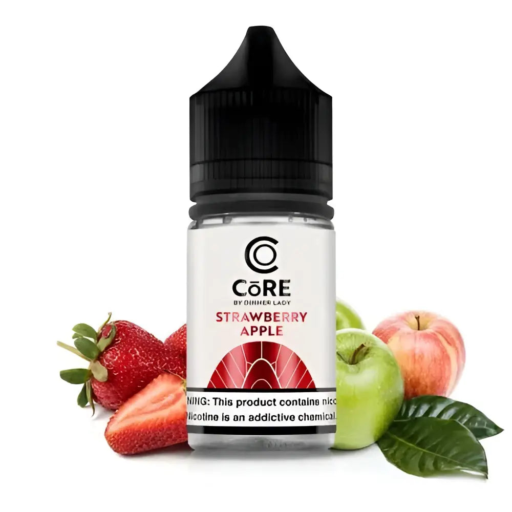 Clear glass bottle of core salt by Dinner Lady in strawberry apple flavor with black cap and white label