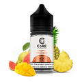 Clear glass bottle with black cap of core salt by dinner lady tropic thunder vape juice surrounded by tropical fruits