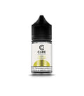 Clear glass bottle with black cap labeled core by dinner lady featuring gold vanilla custard design for core salt vape