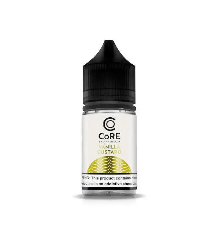 Clear glass bottle with black cap labeled core by dinner lady featuring gold vanilla custard design for core salt vape