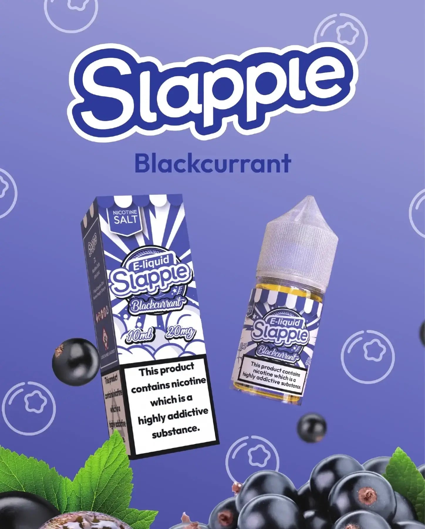 Blue and white striped slapple blackcurrant nic salt 30ml bottle with clear cap containing blackcurrant nic salt vape juice