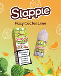 Slapple fizzy cactus lime nic salt 30ml bottle with green and white striped label alongside matching box for lime vape