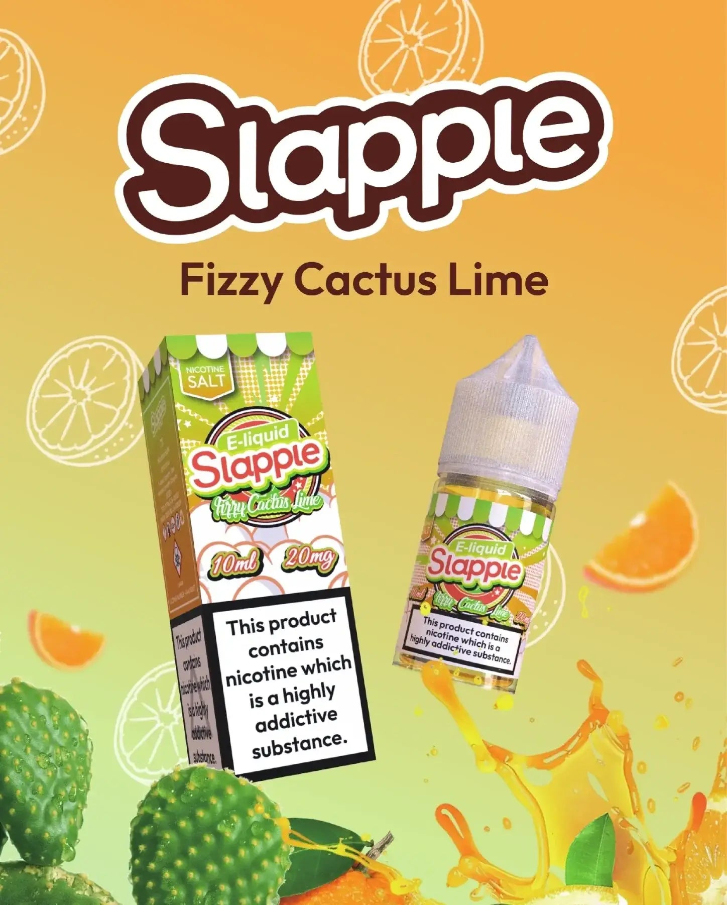 Slapple fizzy cactus lime nic salt 30ml bottle with green and white striped label alongside matching box for lime vape