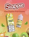 Green and white striped box and bottle of slapple kiwi passion fruit guava nic salt 10ml for tropical vape use
