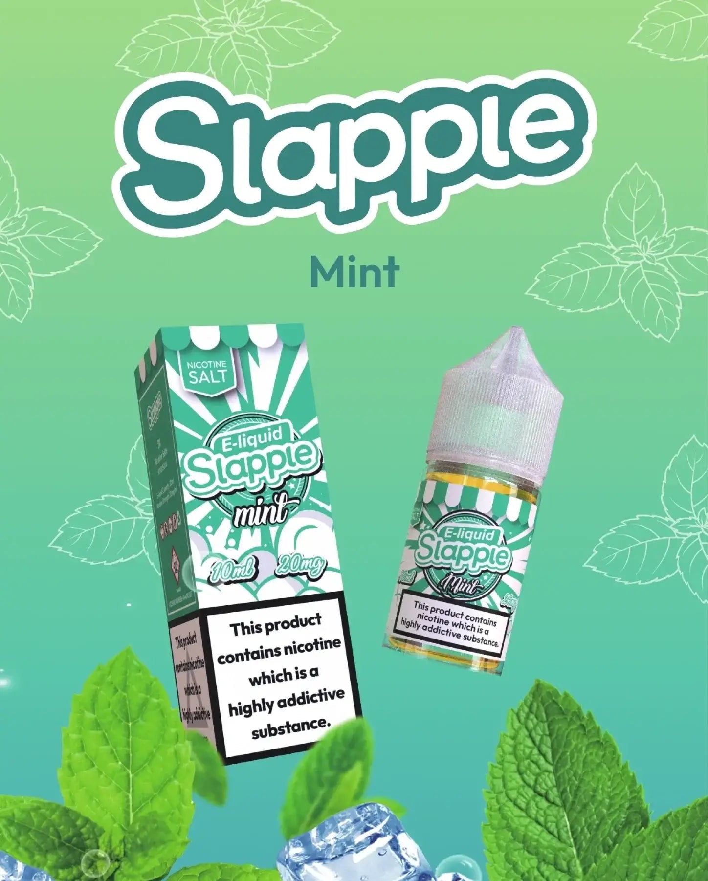 Slapple mint nic salt 30ml vape bottle in green and white packaging with clear dropper cap for mint ice vape use