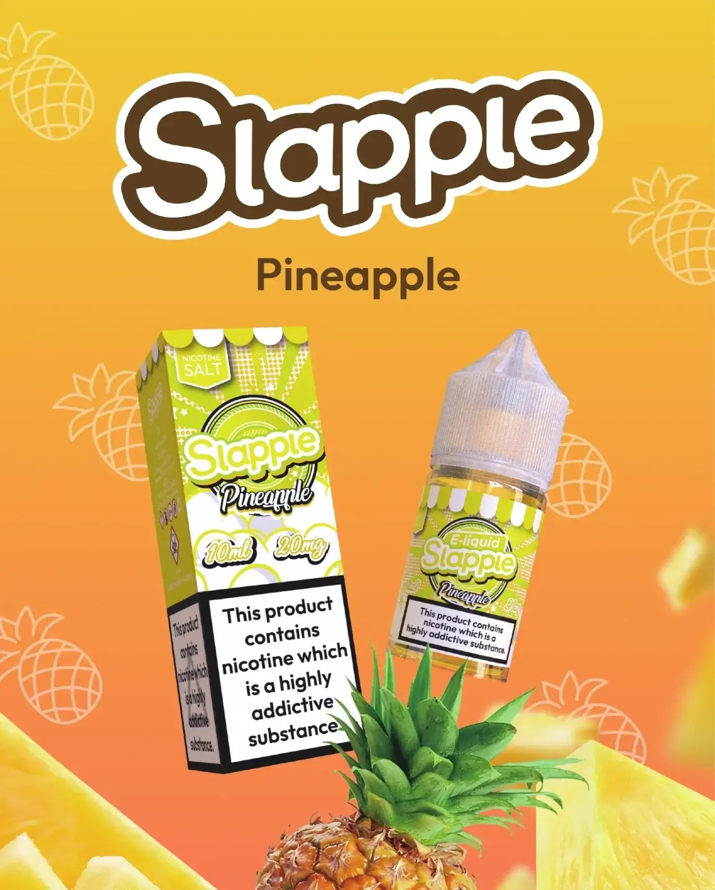 Slapple pineapple nic salt 30ml e-liquid in clear bottle with white cap and green striped label beside matching box