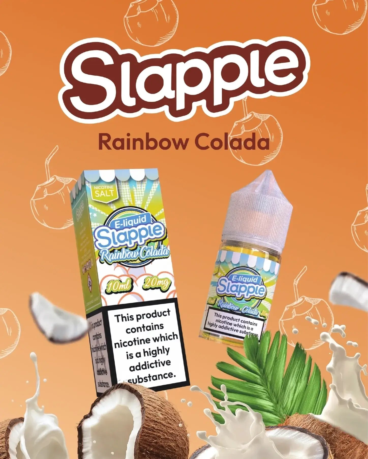 A vibrant green and yellow rectangular box of Slapple Rainbow Colado nic salt e-liquid with tropical coconut design and nicotine salt label
