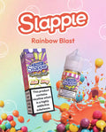 A vibrant slapple rainbowblast nic salt 30ml bottle with clear cap and purple and yellow candy vape packaging