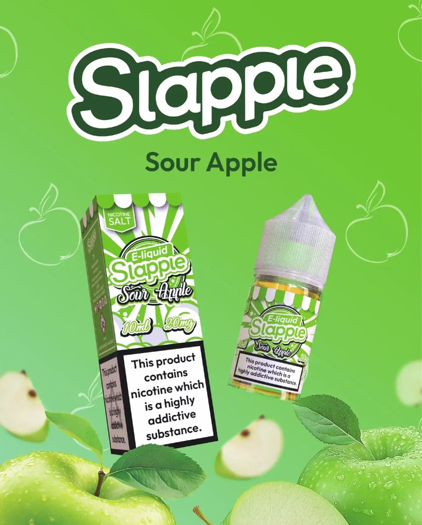 Slapple sour apple 10ml 20mg nicotine salt e-liquid with green and white packaging and matching bottle for sour apple vape juice