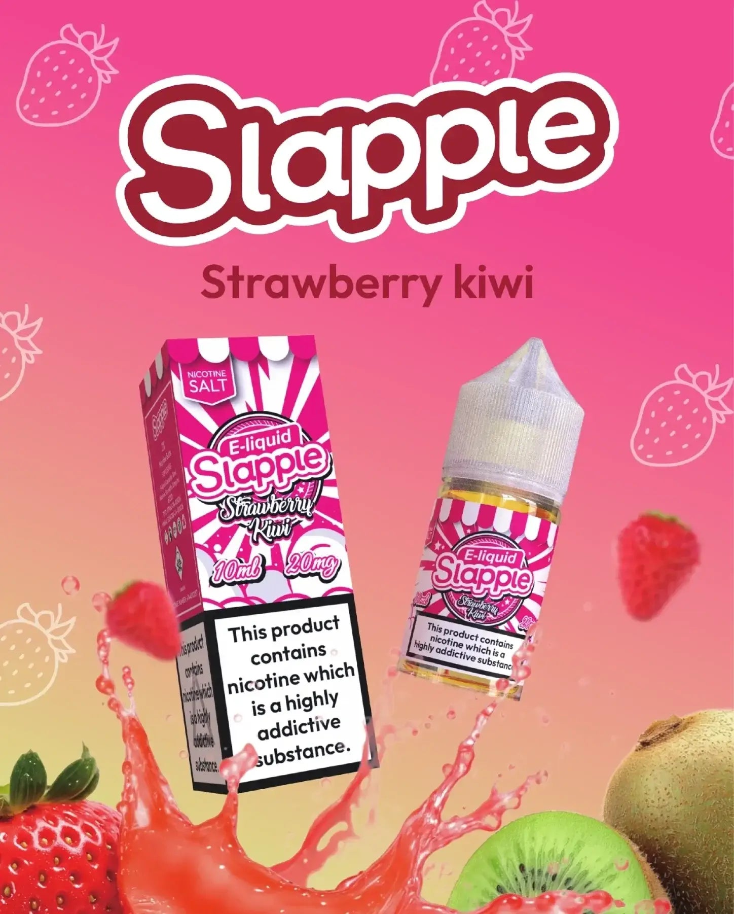 Pink and white striped box with matching 10ml bottle of slapple strawberry kiwi nic salt vape at 20mg strength