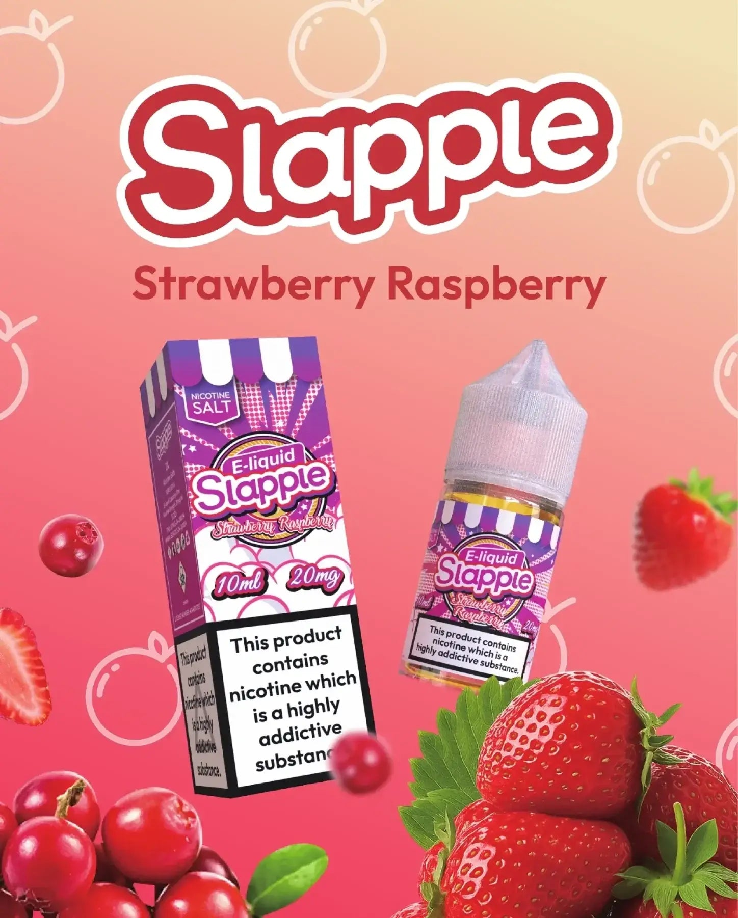 Purple and white striped box and bottle of slapple strawberry raspberry nic salt e-liquid 30ml 30mg by vape street