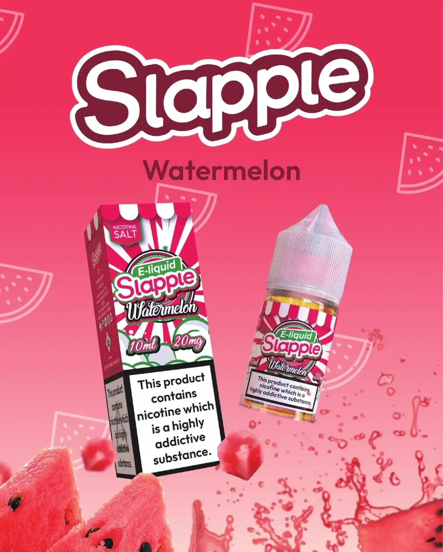 Pink and white striped box with a matching 10ml bottle of slapple watermelon nic salt 20mg nicotine salt for vaping