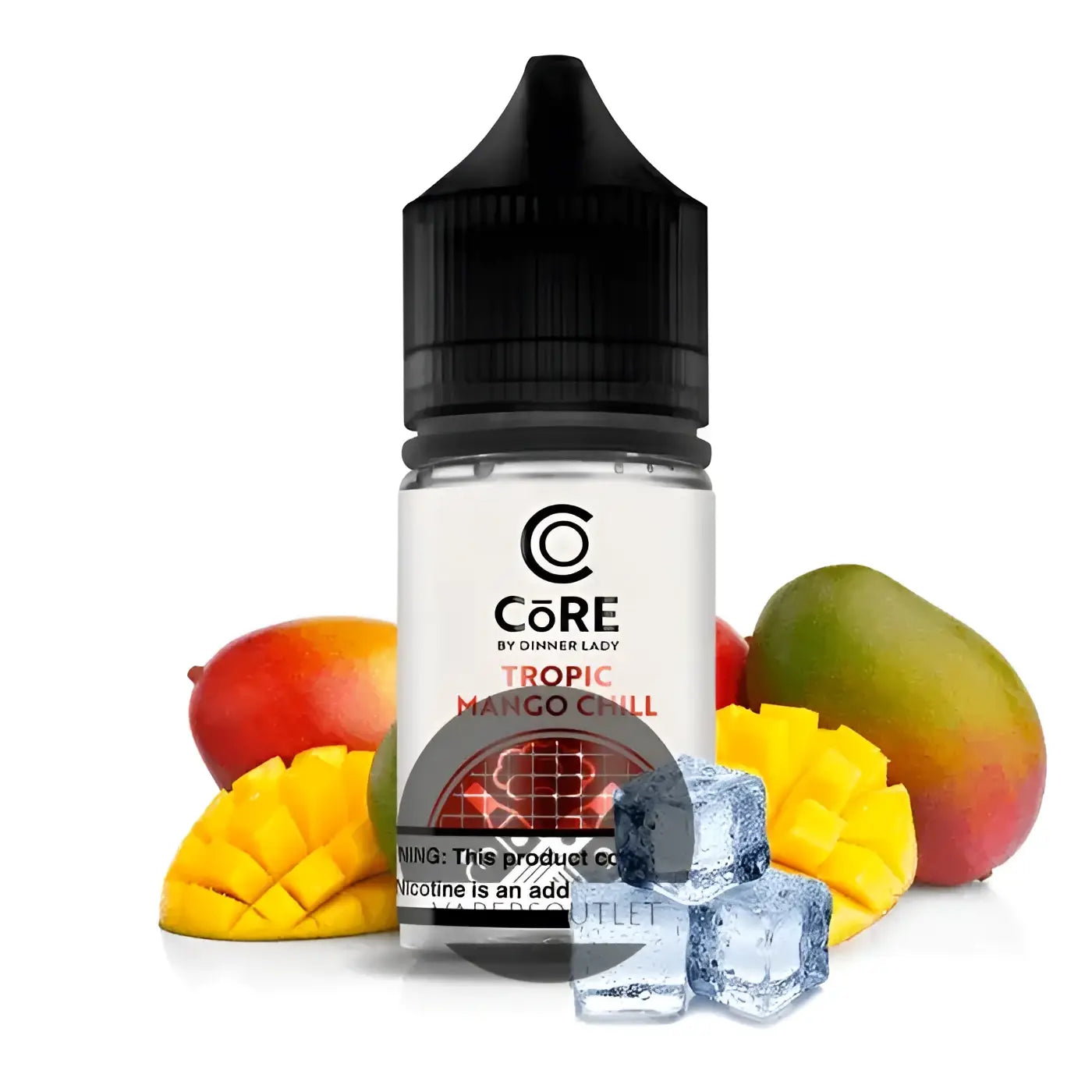 A clear plastic core salt bottle by dinner lady tropic mango chill with black cap and white label featuring red text