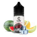 A clear plastic bottle with black cap and white label featuring core salt watermelon chill by dinner lady vape juice