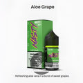 Green and black nasty juice liq aloe grape 50mg salt nicotine e-liquid bottle with matching box and purple lettering