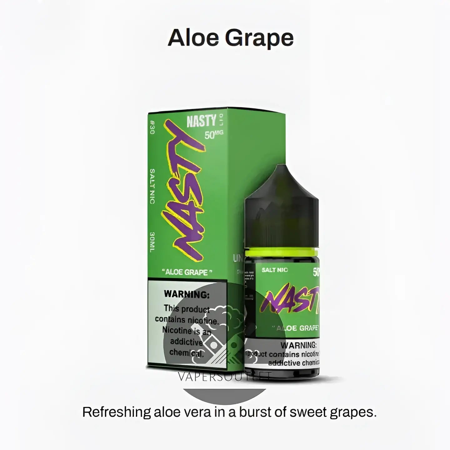 Green and black nasty juice liq aloe grape 50mg salt nicotine e-liquid bottle with matching box and purple lettering