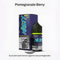 A dark purple bottle of nasty juice liq pomegranate berry 50mg salt nic e-liquid with neon green cap and label accents