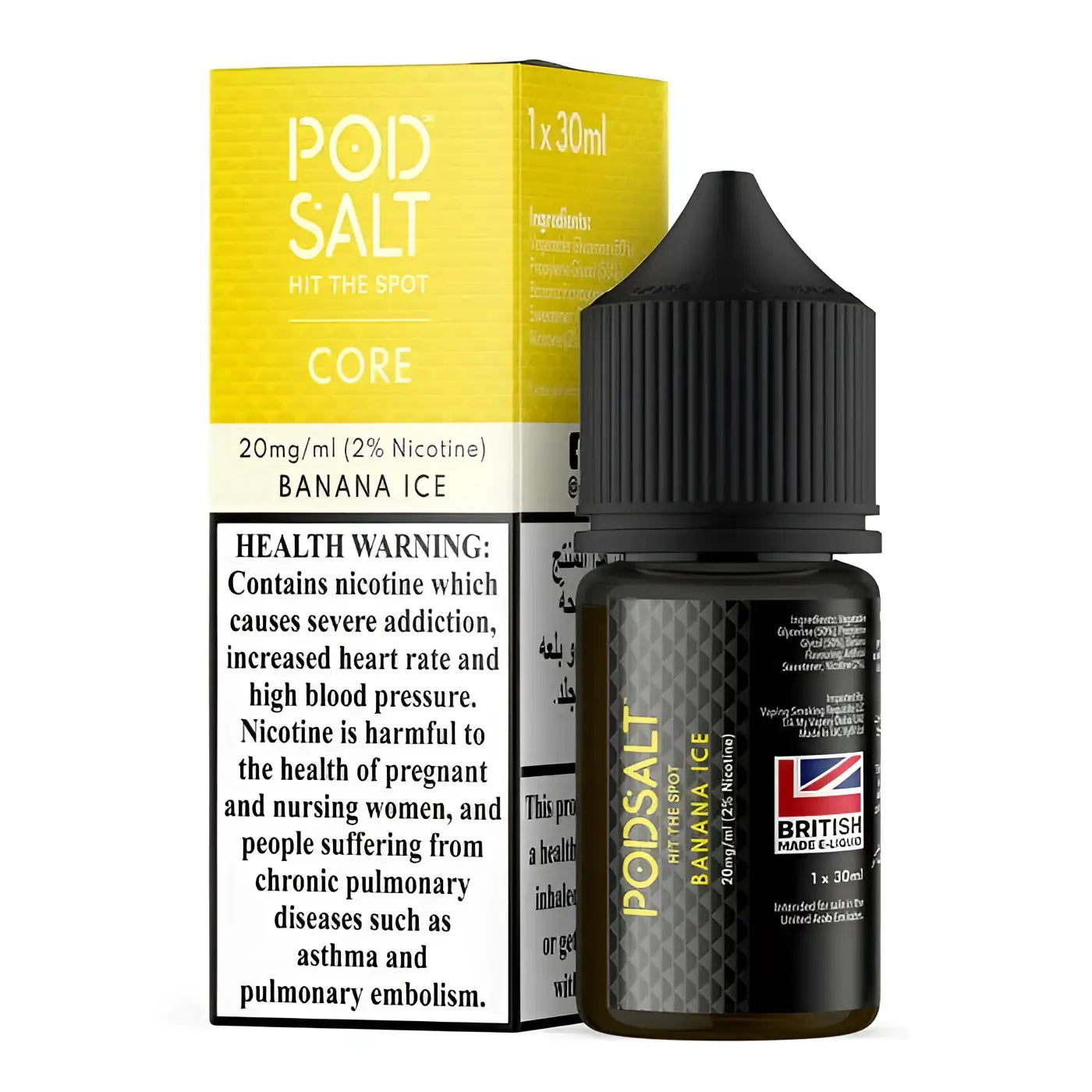 Black glass bottle with textured black cap and gold lettering labeled pod salt hit the spot banana ice nic salt e-liquid vape street