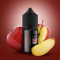 Black glass bottle with black ribbed cap and silver geometric label featuring pod salt core branding for double apple salt core vape juice