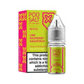 Pod salt lime raspberry grapefruit nic salt e-liquid in clear glass bottle with silver dropper cap and vibrant pink lime green packaging from vape street