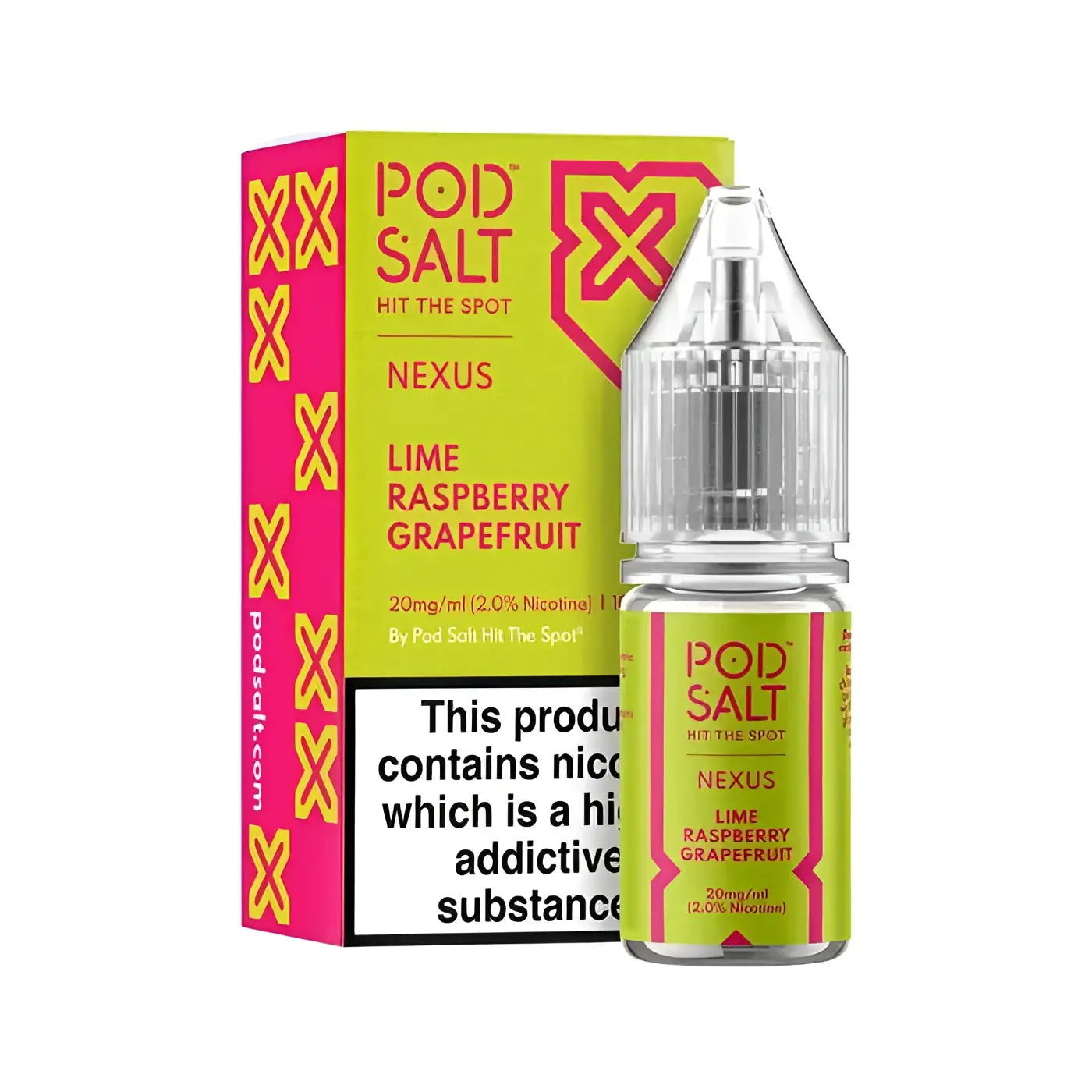 Pod salt lime raspberry grapefruit nic salt e-liquid in clear glass bottle with silver dropper cap and vibrant pink lime green packaging from vape street