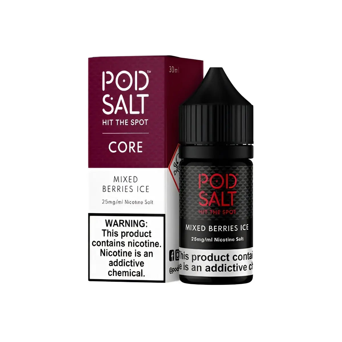 Black glass bottle of pod salt nic salt e-liquid with black cap and red label for mixed berries ice flavor by vape street