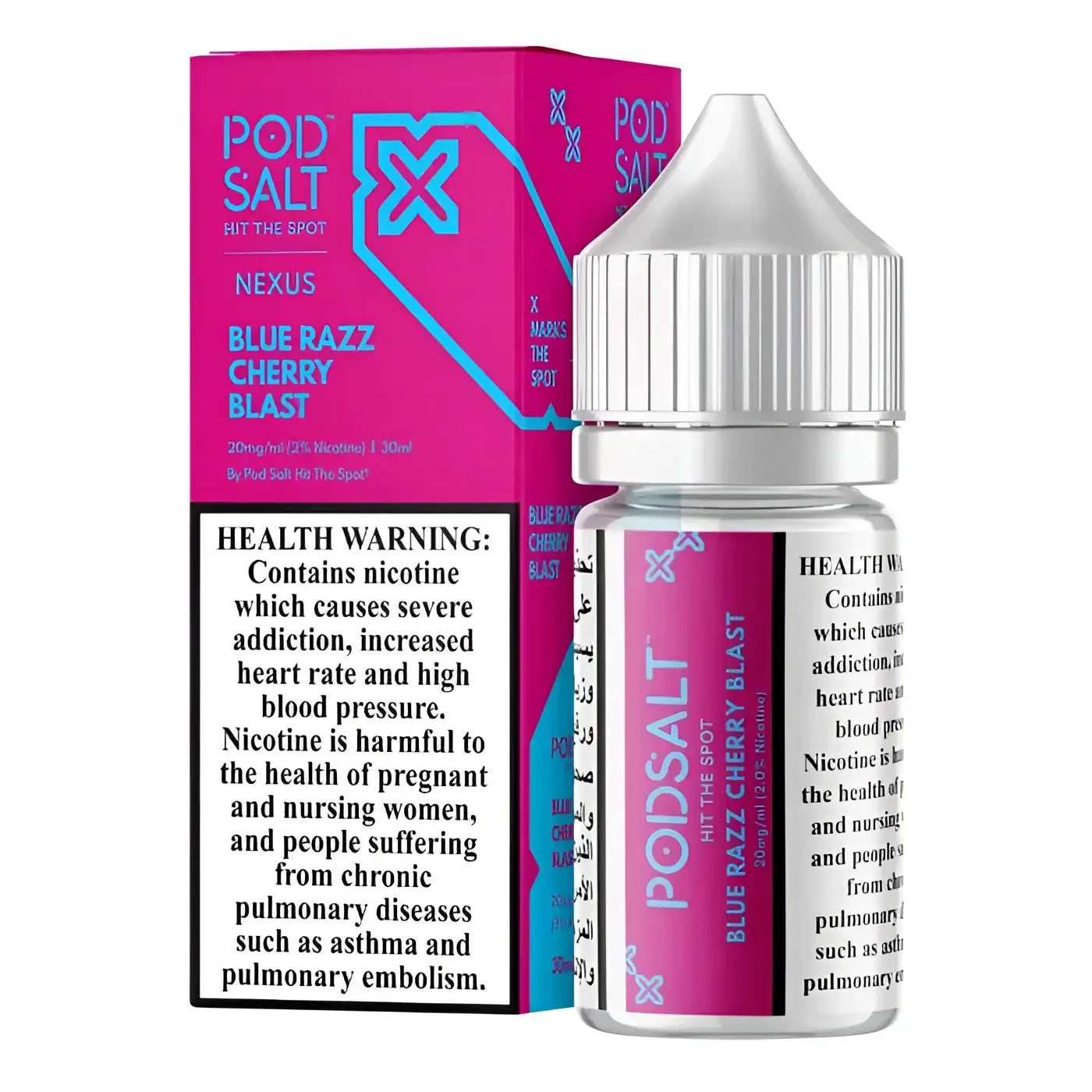 Pink and blue pod salt e-liquid bottle with silver cap labeled blue razz cherry blast for vape juice use